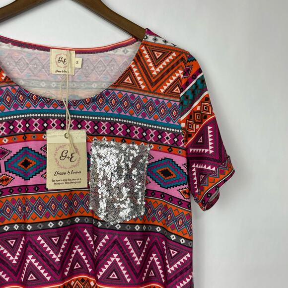 Grace & Emma | NWT Colorful Aztec Print Sequin Pocket Shift Dress - Picture 3 of 6